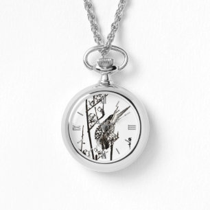 Relógio De Pulso Pássaro Japonês em uma ramificação - Preto e Branc