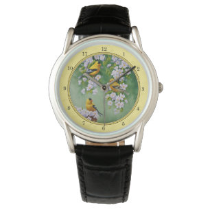 Relógio De Pulso Pássaros Goldfinch e Blossomas de Maçã Amarelos