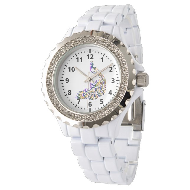 Relógio De Pulso Peacock Rhinestone White Enamel Womens Watch (Angular)