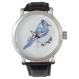 Relógio De Pulso Pequena e branca aquarela Blue Jay Bird Art