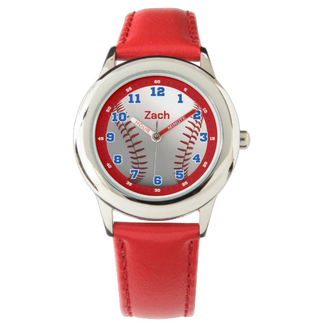 Relógio de pulso personalizado vermelho de beisebo (Frente)