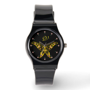 Relógio De Pulso PILHA Dourada HÍPER COM GEMSTONAS Monograma Preto