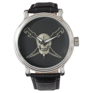 Relógio De Pulso Pirata (Caveira) - de Couro Preto Personalizado