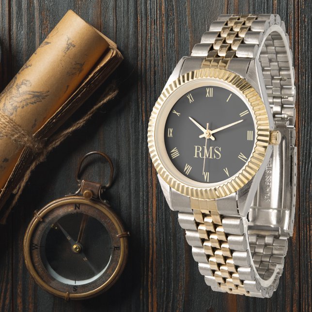 Relógio De Pulso Pulseira de Tom Dourado e Prateado com Monograma P (Custom Black Monogrammed Gold Silver Tone Bracelet Watch)