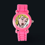 Relógio De Pulso Retro Comic Book Cutie Watch<br><div class="desc">Esta design da Retro Comic Book Cutie Watch apresenta uma jovem adorável segurando um batom vermelho compacto e aplicando esse batom vermelho. A garota está no fundo azul de ovo e bolinhas branca de um robin. O tempo voa quando você é bonito!</div>