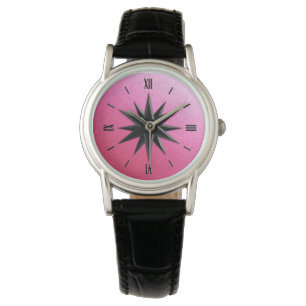 Relógio De Pulso Rosa de compasso do ônix - fundo de quartzo