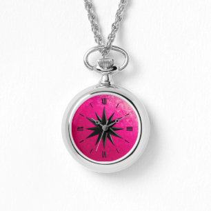 Relógio De Pulso Rosa de compasso do ônix - fundo do vidro de rubi