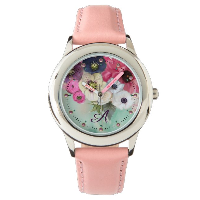 RELÓGIO DE PULSO ROSAS DE PINCO BRANCO FUCHSIA,MONOGRAMA DE FLORES  (Frente)