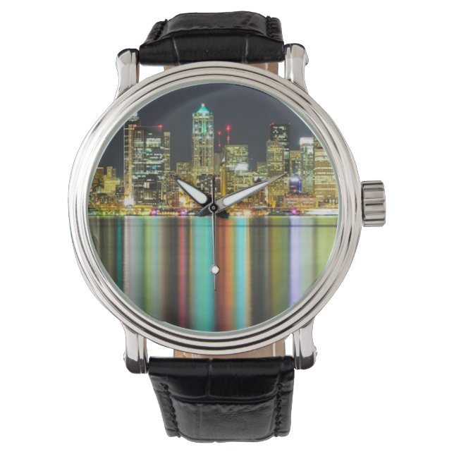 Relógio De Pulso Seattle skyline à noite com reflexão (Frente)