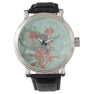 Relógio De Pulso Silhueta de Flores Vermelhas em Fundo Teal