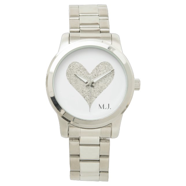 Relógio De Pulso Silver Glitter Heart (Frente)