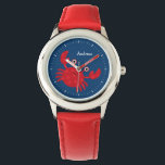 Relógio De Pulso Smiling Red Crab Kid é Personalizado<br><div class="desc">Este relógio divertido apresenta uma ilustração vetorial doce de um caranguejo vermelho sorridente em um fundo azul,  e pode ser personalizado com o nome do seu filho,  monograma,  inicial ou qualquer texto de sua escolha para um presente personalizado perfeito.</div>