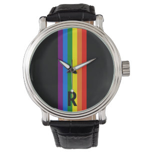 Relógio De Pulso Stripes de arco-íris em Orgulho gay preto persona