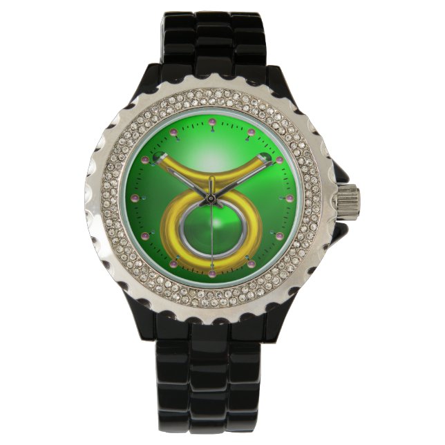 Relógio De Pulso TAURUS DOURADO ZODIAC BIRTHDAY JEWEL,Green Emerald (Frente)