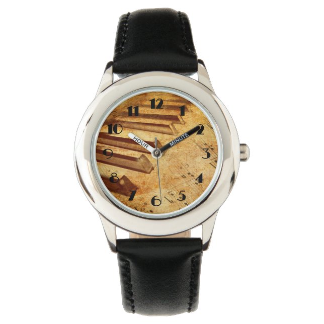 Relógio De Pulso Teclas Piano Grunge Music Sheet (Frente)