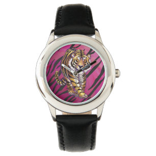 Relógio De Pulso Tigre, rosa quente e Impressão preto