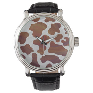 Relógio De Pulso Vaca Castanho e Impressão Branco