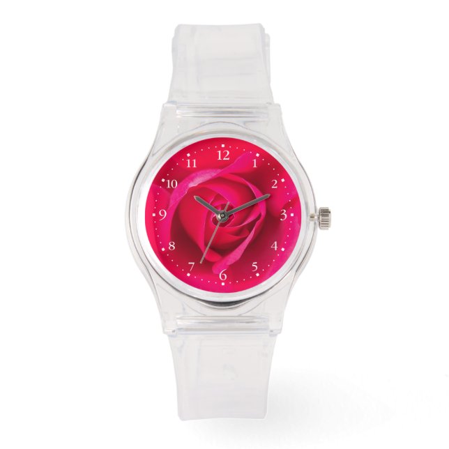 Relógio De Pulso Vermelho Romântico Rosa Rosa v2 (Frente)