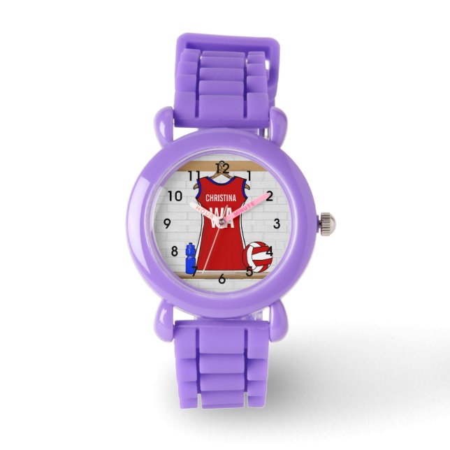 Relógio De Pulso Vermelho Uniforme Netball Personalizado com Azul e (Frente)