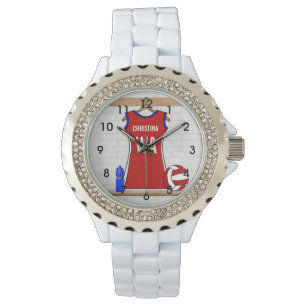 Relógio De Pulso Vermelho Uniforme Netball Personalizado com Azul e