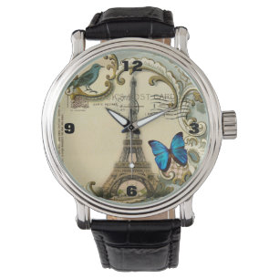 Relógio De Pulso vintage art nouveau Blue swirls paris eiffel torre