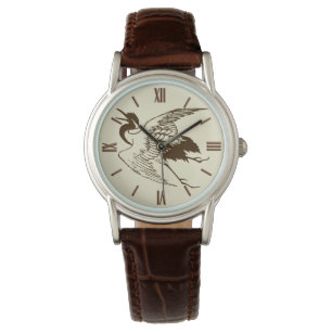 Relógio De Pulso Vintage - Desenho japonês de um guindaste, Brown