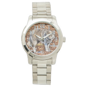 Relógio De Pulso White Artic Wolf and Forest Debris Wildlife Watch