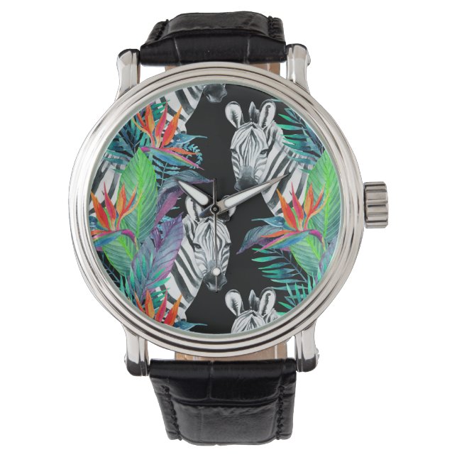 Relógio De Pulso Zebra e Flores Exóticas (Frente)