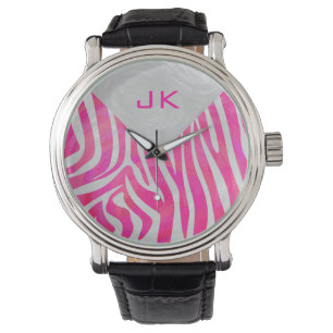 Relógio De Pulso Zebra rosa-quente e branca com monograma
