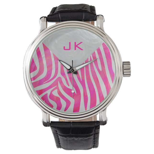 Relógio De Pulso Zebra rosa-quente e branca com monograma (Frente)
