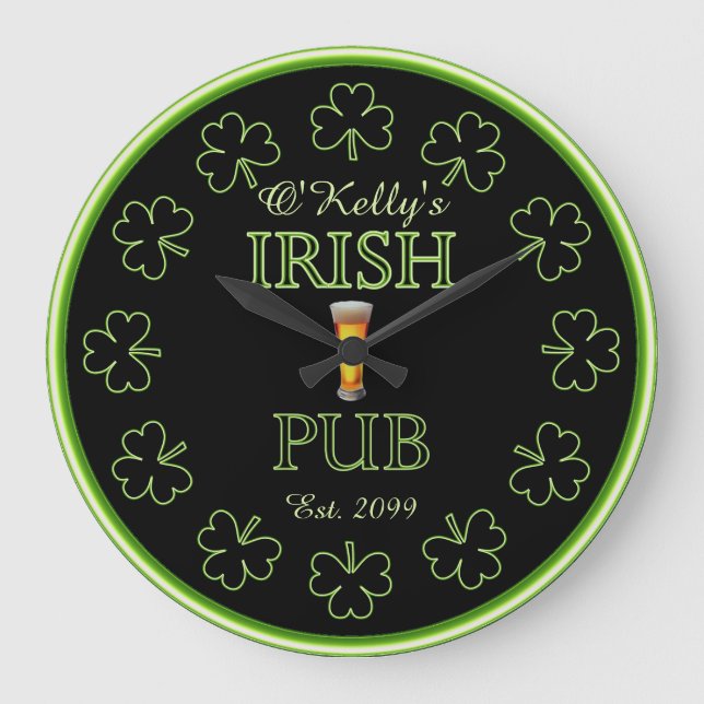 Relógio de Taverna do Bar Pub - Irish Shamrocks (Frente)