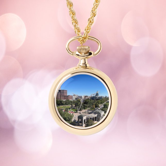 Relógio Denver Colorado Urban Landscape Photo (A watch necklace with a photo of downtown Denver, Colorado on a sunny day.)