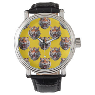 Relógio Desenho de padrão de cabeça de tigre amarelo