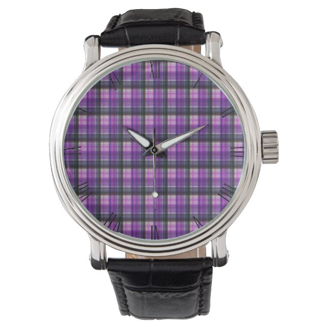 Relógio Design de Tartan com controlo roxo, (Frente)