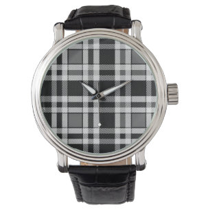 Relógio Design de Tartan Xadrez Flannel Branco preto