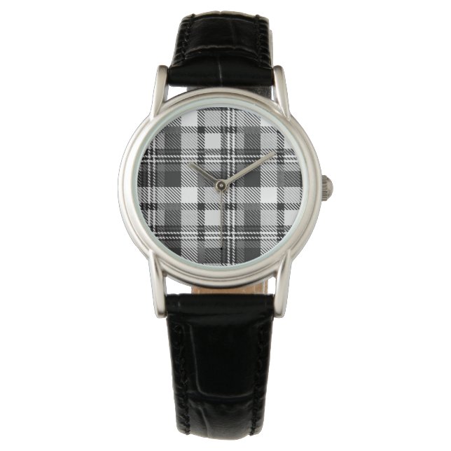 Relógio Design Xadrez Madras Preto Cinza Branco  (Frente)