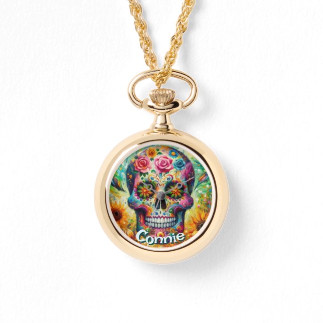 Relógio Dia dos Crânios de Açúcar Personalizado Floral (Frente)