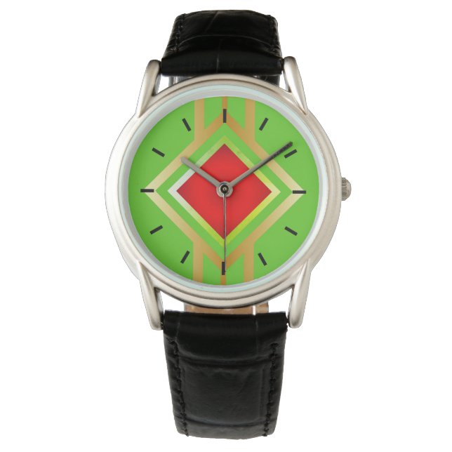 Relógio Diamante Vermelho Dourado de Fundo Verde (Frente)