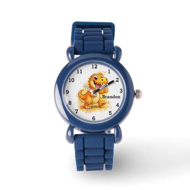 Relógio Dinosaur Boy Modern Trex Custom Name For Kids (Frente)
