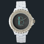 Relógio DIY Grande Monograma & Nome, Texto Branco/Teal, Pr<br><div class="desc">Personalize este na moda e design de texto simples com seu nome em branco e seu grande Monograma em Teal em fundo preto.</div>