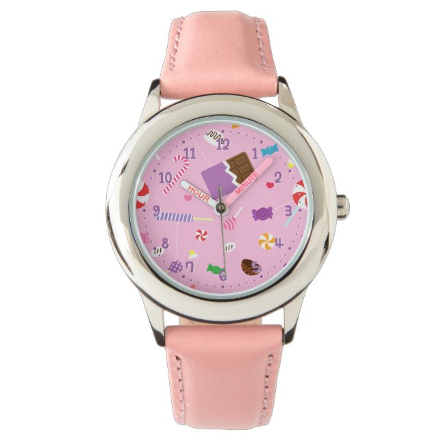 Relógio Doce Padrão de Balas Meninas Rosa Personalizado (Frente)