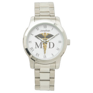 Relógio Dourado Caduceus Black Wings Nome Médico MD