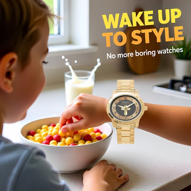 Relógio Dourado Christian Crucifix Cross com palavras engr (Criador carregado)