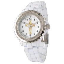 Dourado Cross Custom Rhinestone White Enamel Watch