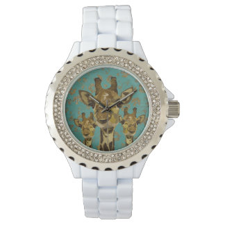 Relógio Dourado Damask Girafas Floral Retro Watch