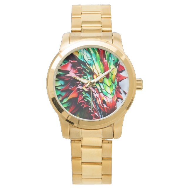 Relógio Dragão respirador de incêndio verde e vermelho (Frente)