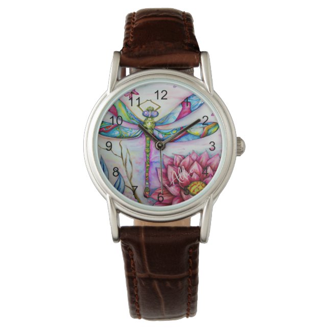 Relógio Dragonfly Arco-Íris Aquarela, Personalizar (Frente)