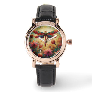 Relógio Dragonfly Floral Abstrato-Art Teal Rosa