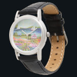 Relógio Duas veleiras e algodão<br><div class="desc">Dois veleiros e algodão I por Karen Fields. Cena brilhante, divertida com flores, árvores, um chalé e veleiros na água.</div>