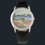 Relógio Duas veleiras e algodão<br><div class="desc">Dois veleiros e algodão I por Karen Fields. Cena brilhante,  divertida com flores,  árvores,  um chalé e veleiros na água.</div>